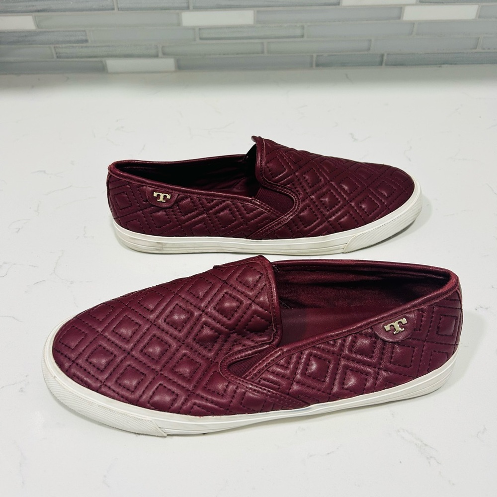 Tory Burch Burgundy Quilted Slip-Ons Size 10.5